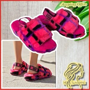 UGG - Sz 8 - fuzzy slides with heel strap in pink purple black - like new